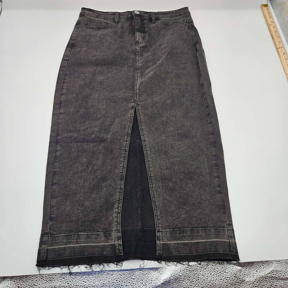 Liv & Lottie Black Acid Wash Denim Maxi Skirt Front Slit Raw‎ Hem Size M